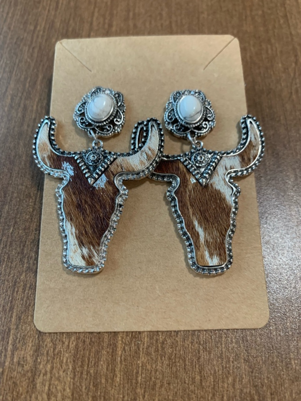 Boho Cowhide Bull Head Drop Earrings - Brown & White
